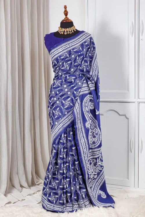 Pure Handloom Tussar Saree with Kantha Stitch – Royal Blue 00021