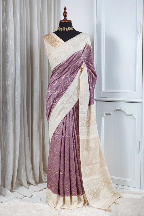 Soft Handloom Tussar Saree – Mauve & Ivory