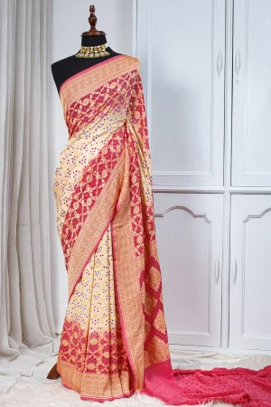 Pure Chiffon Bandhej Saree – Ivory & Rani Pink 00023