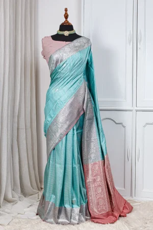 Chatai Tussar Saree – Aqua Blue, Silver & Blush Pink 00024