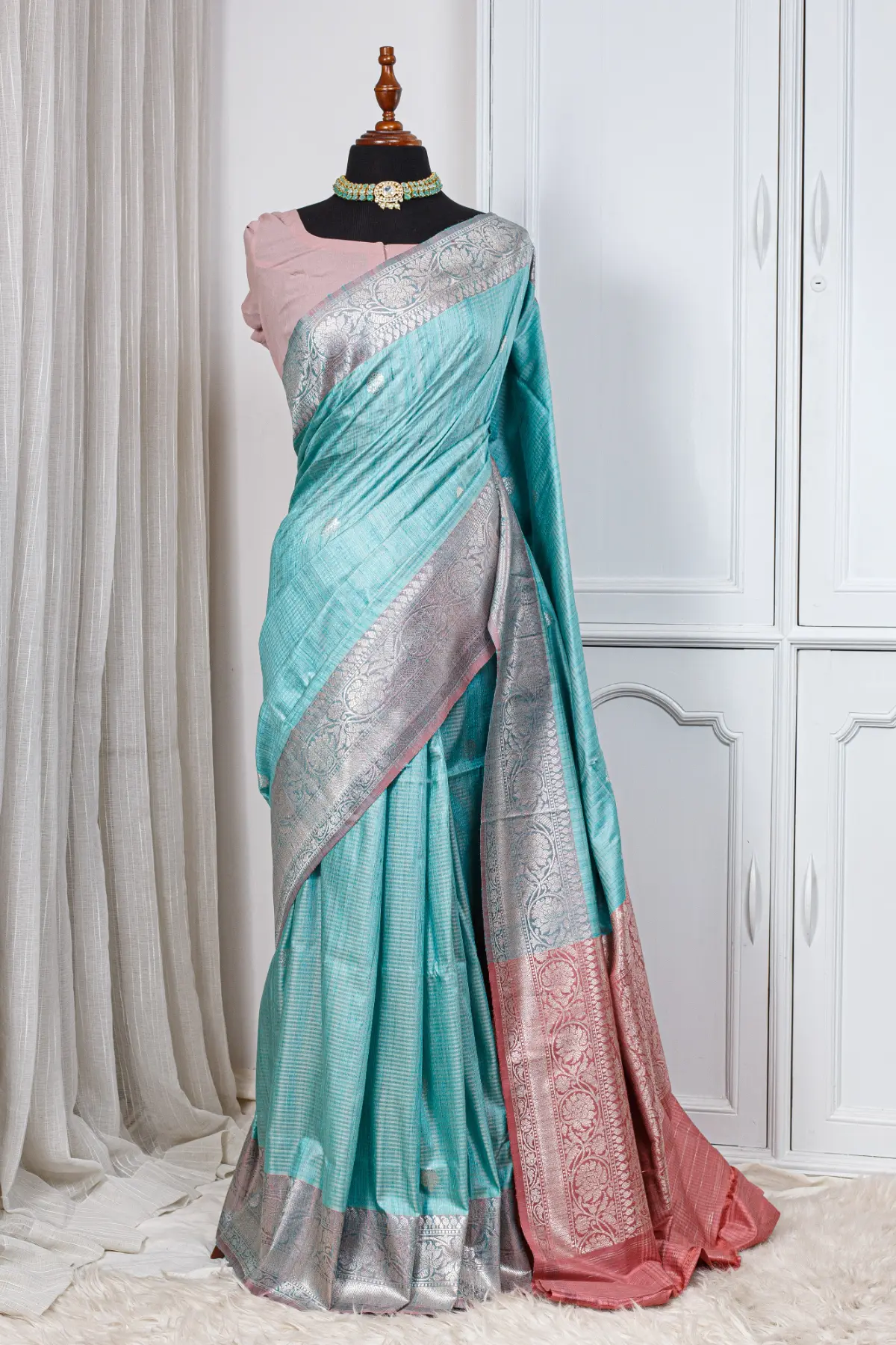 Chatai Tussar Saree – Aqua Blue, Silver & Blush Pink 00024
