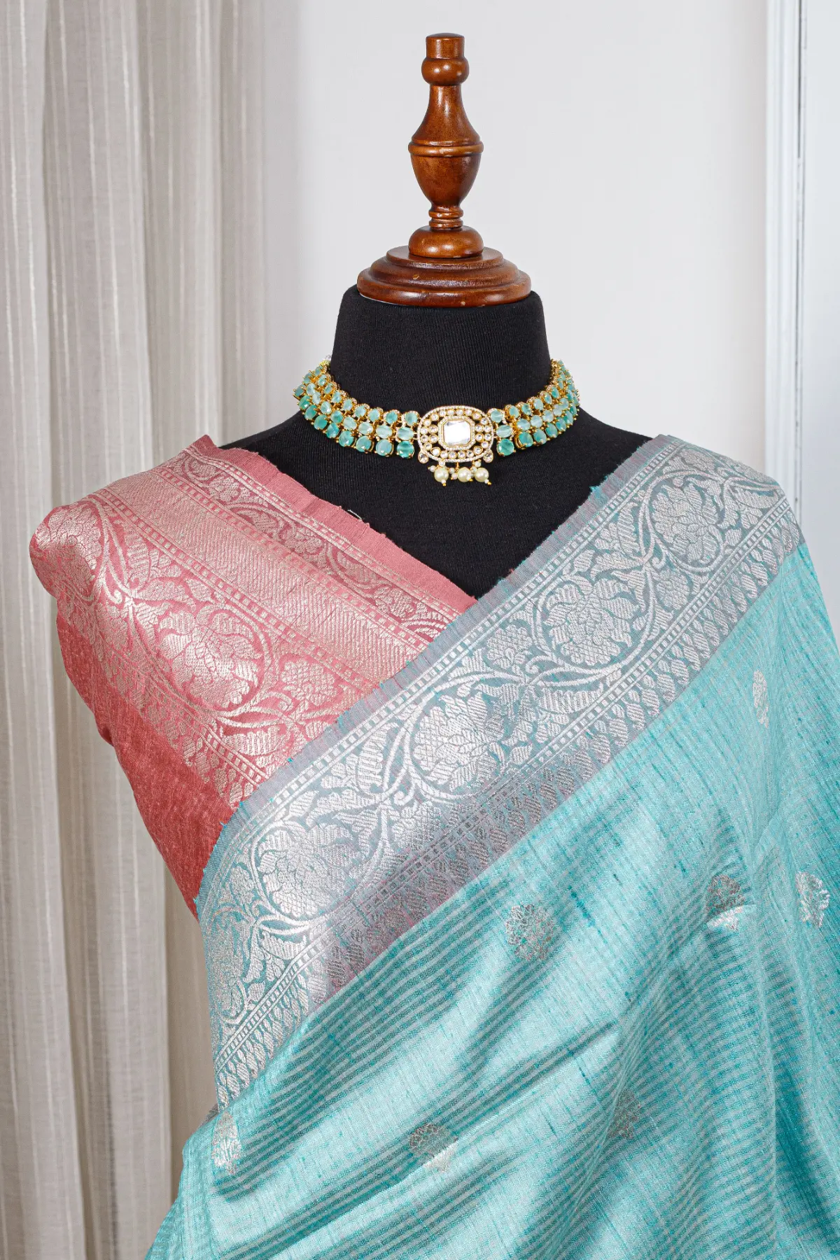 Chatai Tussar Saree – Aqua Blue, Silver & Blush Pink 00024 - Image 4