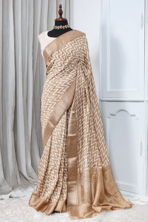 Pure Chanderi Saree – Beige & Ivor