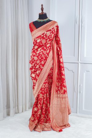 Georgette Banarasi Khaddi Saree – Scarlet Red 0001