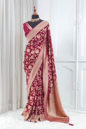 Georgette Banarasi Khaddi Saree – Deep Wine 00017