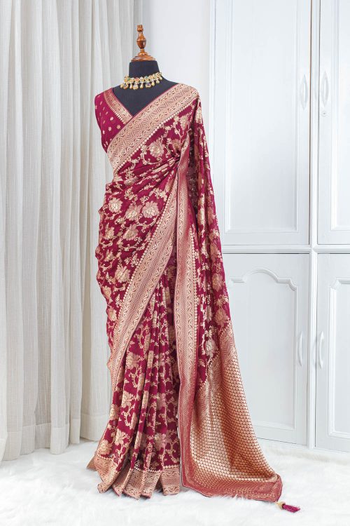 Georgette Banarasi Khaddi Saree – Deep Wine 00017