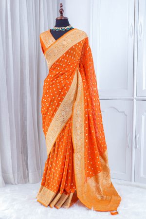 Georgette Banarasi Khaddi Saree – Bright Tangerine Orange 0002