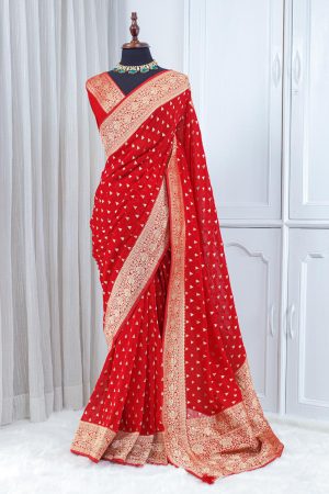 Georgette Banarasi Khaddi Saree – Vermilion Red 0004