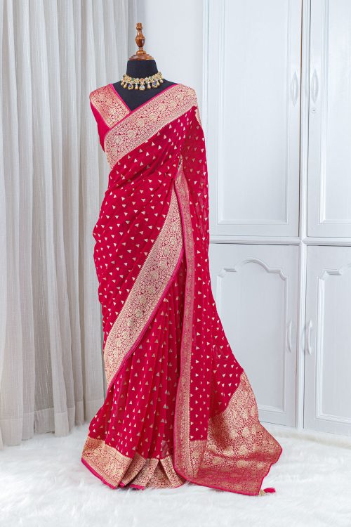 Banarasi Georgette Khaddi Saree – Vibrant Rani Pink with Gold Jari Weaving 00018