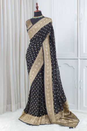 Georgette Banarasi Khaddi Saree – Jet Black 0005