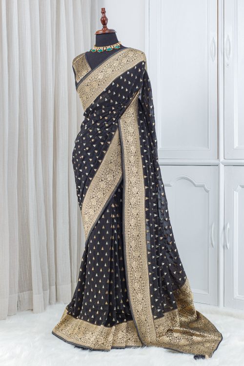 Georgette Banarasi Khaddi Saree – Jet Black 0005