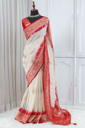 Georgette Banarasi Khaddi Saree – Ivory White with Red & Gold Zari Border 0006