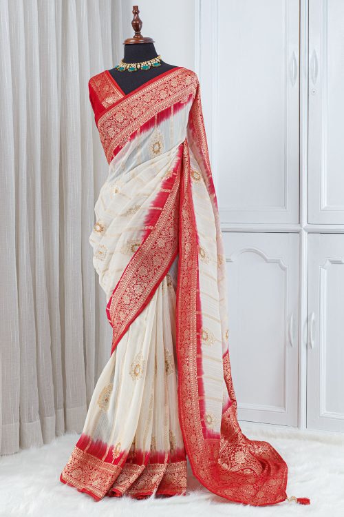 Georgette Banarasi Khaddi Saree – Ivory White with Red & Gold Zari Border 0006