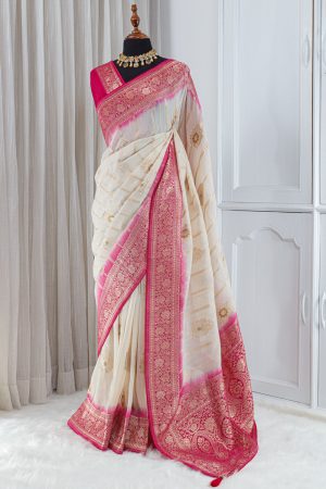 Georgette Banarasi Khaddi Saree – Ivory White with Rani Pink & Gold Zari Border 0007