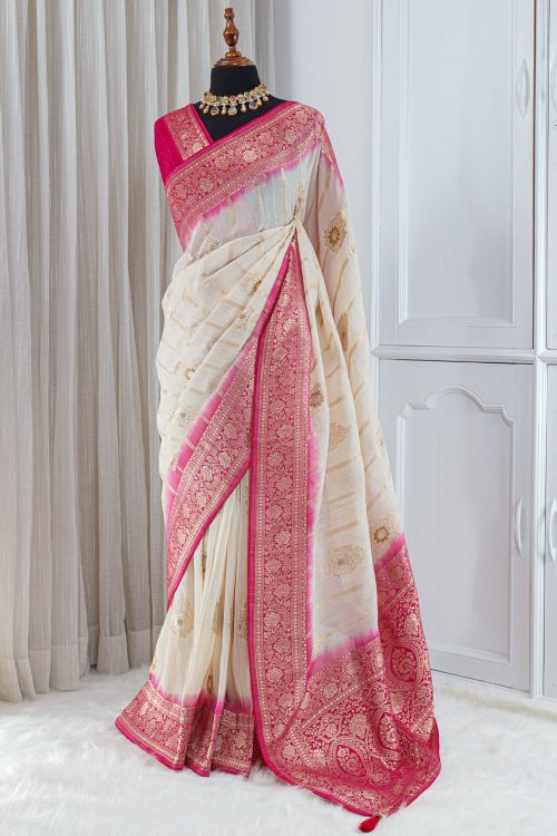Georgette Banarasi Khaddi Saree – Ivory White with Rani Pink & Gold Zari Border 0007