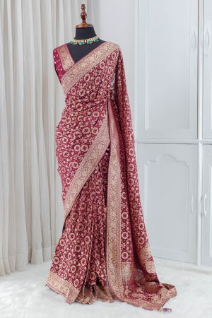 Georgette Banarasi Khaddi Saree – Deep Wine with Antique Gold Zari 0008