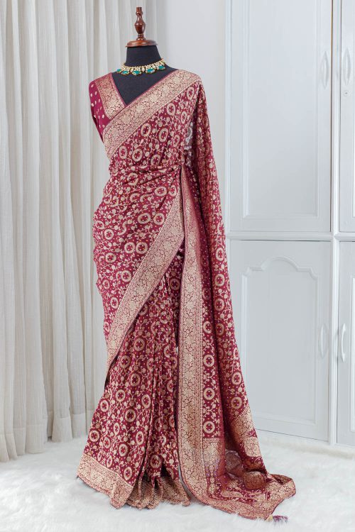Georgette Banarasi Khaddi Saree – Deep Wine with Antique Gold Zari 0008