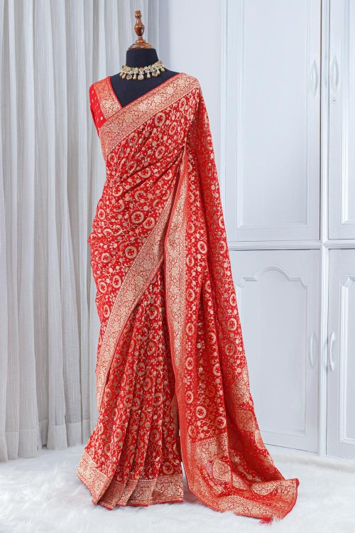 Georgette Banarasi Khaddi Saree – Bright Red with Gold Zari 0009