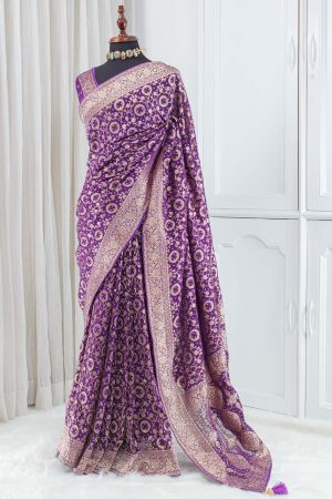 Georgette Banarasi Khaddi Saree – Royal Purple with Antique Gold Zari 00010