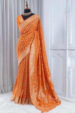 Dupion Ikkat Saree – Vibrant Orange with Gold Woven Detailing 00011