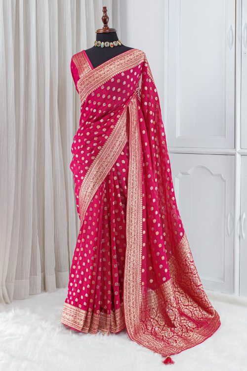 Georgette Banarasi Khaddi Saree – Rani Pink with Gold Zari 00012