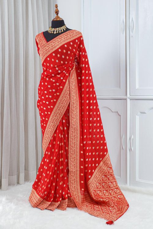 Georgette Banarasi Khaddi Saree – Bright Red with Gold Zari 00013