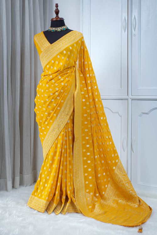 Georgette Banarasi Khaddi Saree – Mustard Yellow with Gold Zari 00014