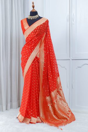 Georgette Banarasi Khaddi Saree – Vermilion Orange-Red with Gold Zari 00015