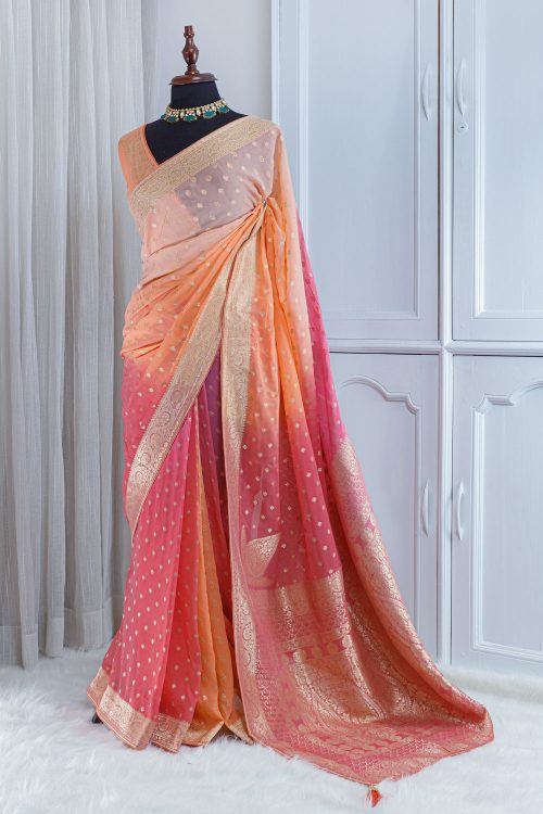 Georgette Banarasi Khaddi Saree – Peach & Pink Ombre with Gold Zari 00016
