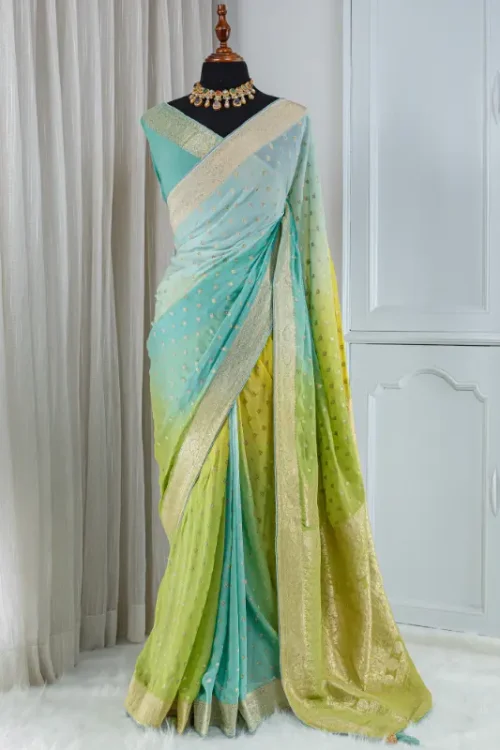 Georgette Banarasi Khaddi Saree – Aqua Blue & Lime Green