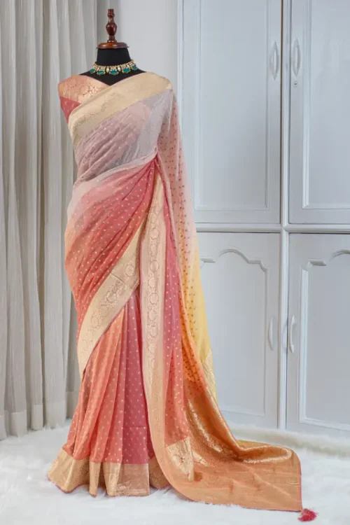 Georgette Banarasi Khaddi Saree – Peach, Blush Pink & Soft Beige