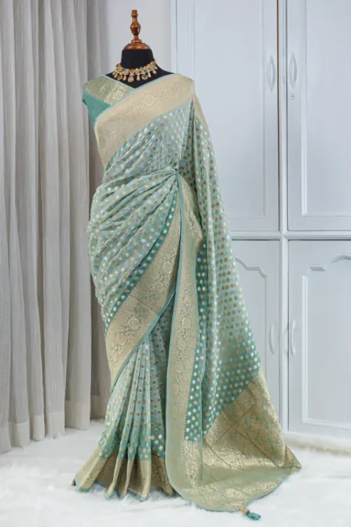 Georgette Banarasi Khaddi Saree – Aqua Blue & Gold