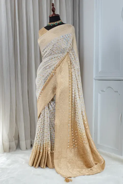 Georgette Banarasi Khaddi Saree – Ivory & Gold