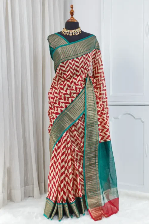 Pure Chanderi Saree – Red, Ivory & Teal Green