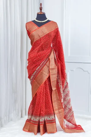 Pure Chanderi Saree – Vermilion Red & Antique Gold 00039