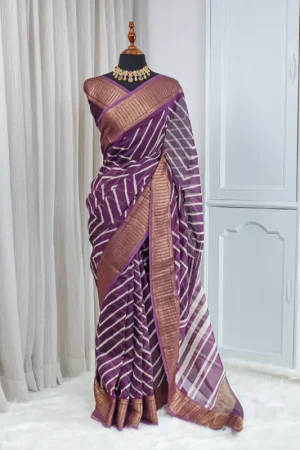 Pure Chanderi Saree – Deep Plum & Antique Gold 00040