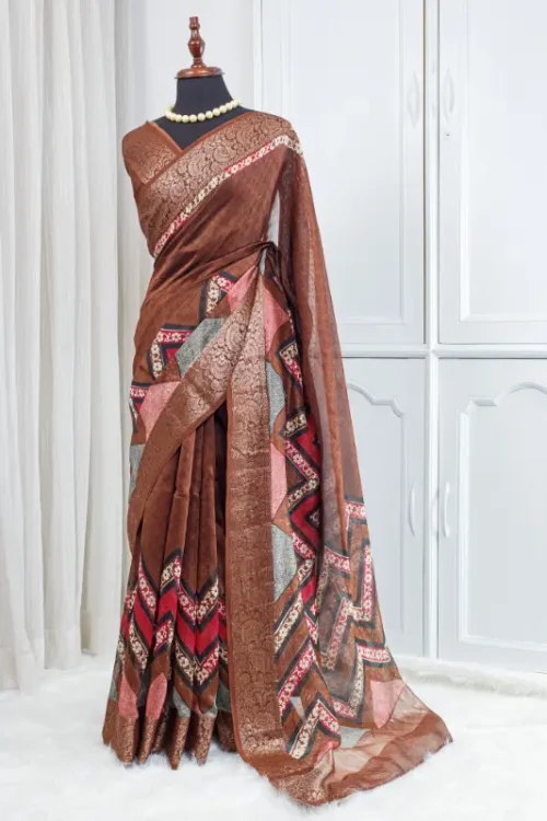 Pure Chanderi Saree – Chocolate Brown & Multicolour 00041