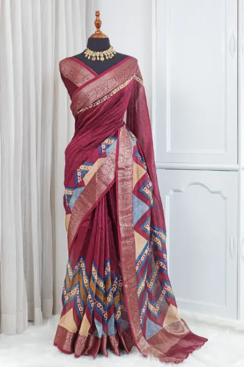 Pure Chanderi Saree – Wine Magenta with Multicolour Woven Border 00042