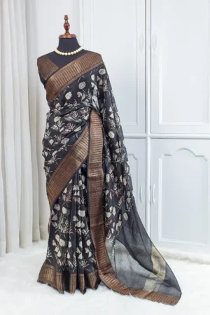 Pure Chanderi Saree – Charcoal Black with Floral Weaving 00043