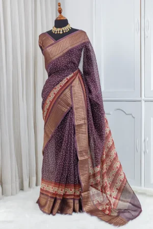 Pure Chanderi Saree – Deep Wine Purple with Traditional Woven 00044