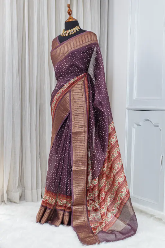 Pure Chanderi Saree – Deep Wine Purple with Traditional Woven 00044 - Image 2