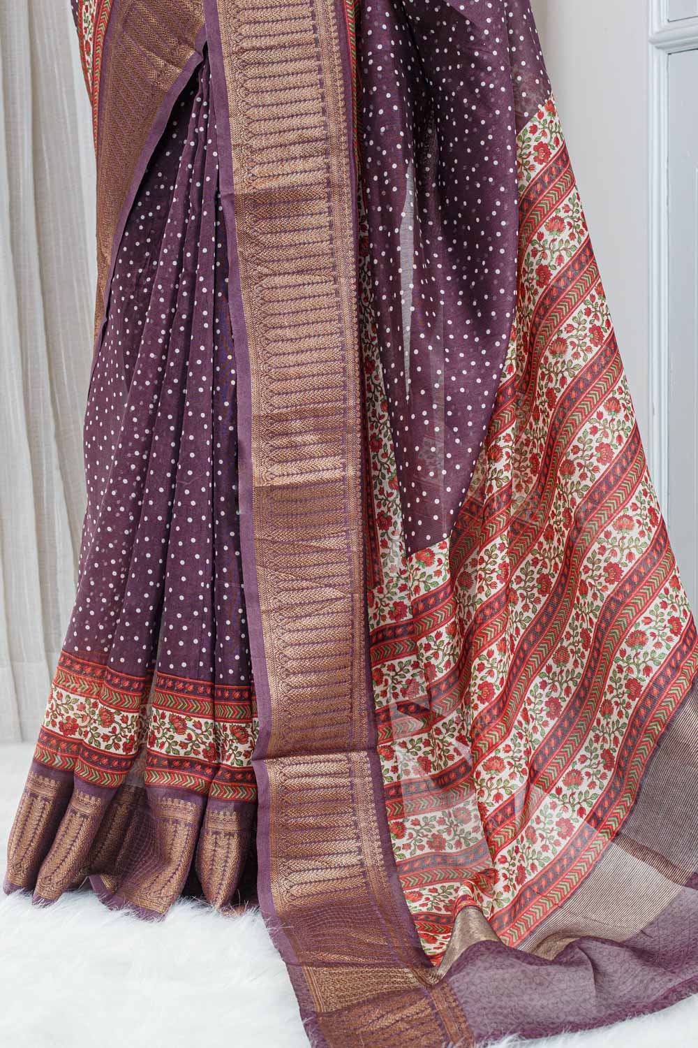 Pure Chanderi Saree – Deep Wine Purple with Traditional Woven 00044 - Image 4