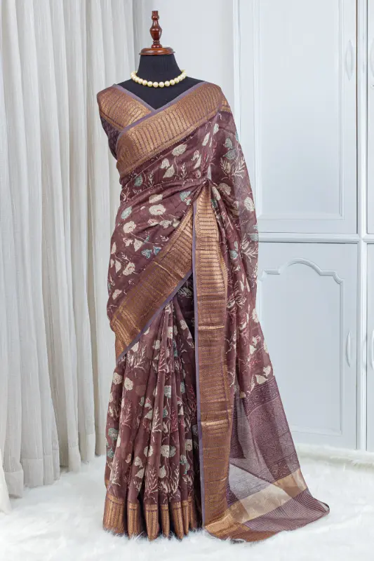 Pure Chanderi Saree – Dusty Mauve Brown with Floral Weaving 00045