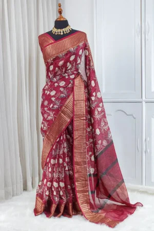 Pure Chanderi Saree – Deep Raspberry Pink with Floral Weaving 00046