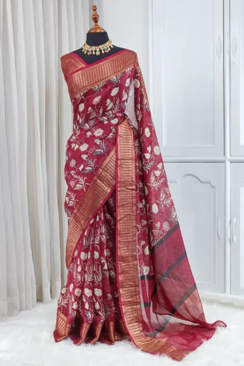 Pure Chanderi Saree – Deep Raspberry Pink with Floral Weaving 00046