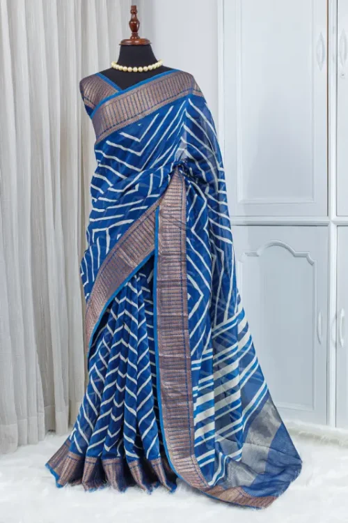 Pure Chanderi Saree – Royal Blue with Striped Geometric Weaving