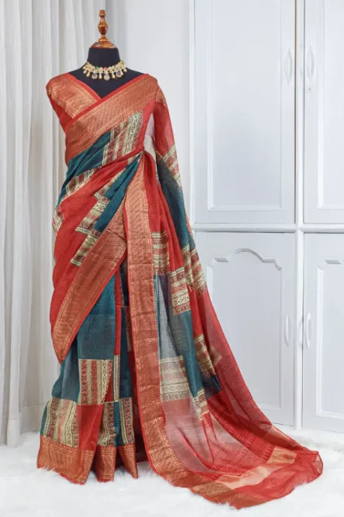 Pure Chanderi Saree – Vermilion Red with Teal & Gold Woven Detailing