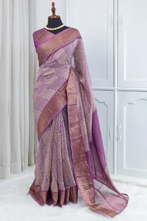 Pure Chanderi Saree – Mauve Purple with Ivory Geometric Stripes