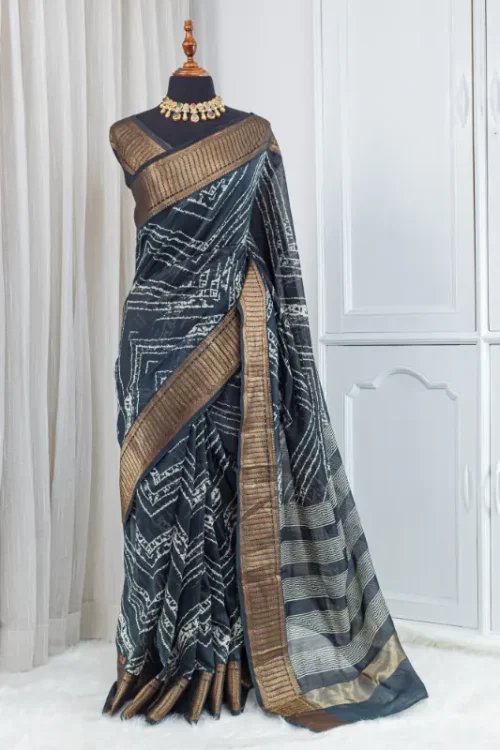 Pure Chanderi Saree – Charcoal Black with Ivory Geometric Detailing