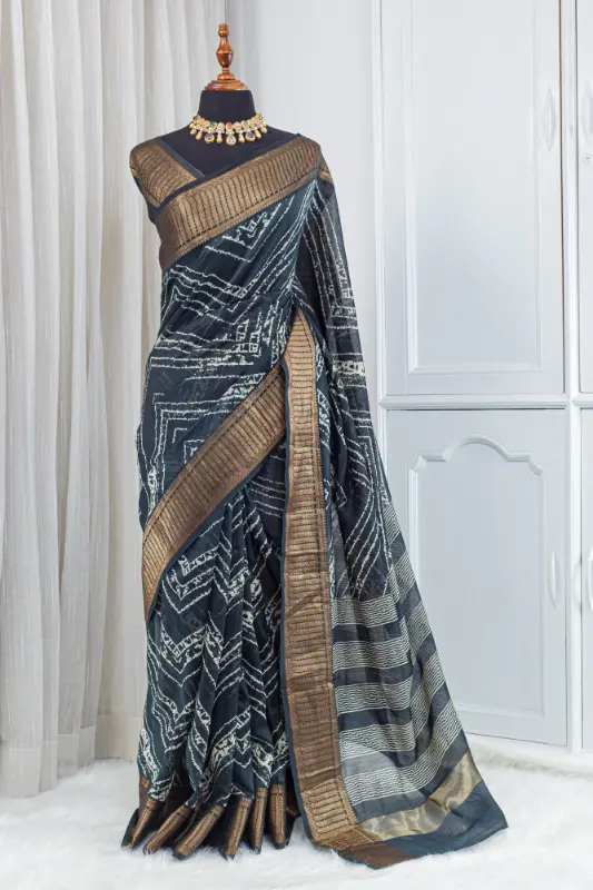 Pure Chanderi Saree – Charcoal Black with Ivory Geometric Detailing